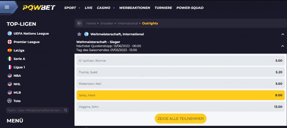 Powbet Snooker Wetten